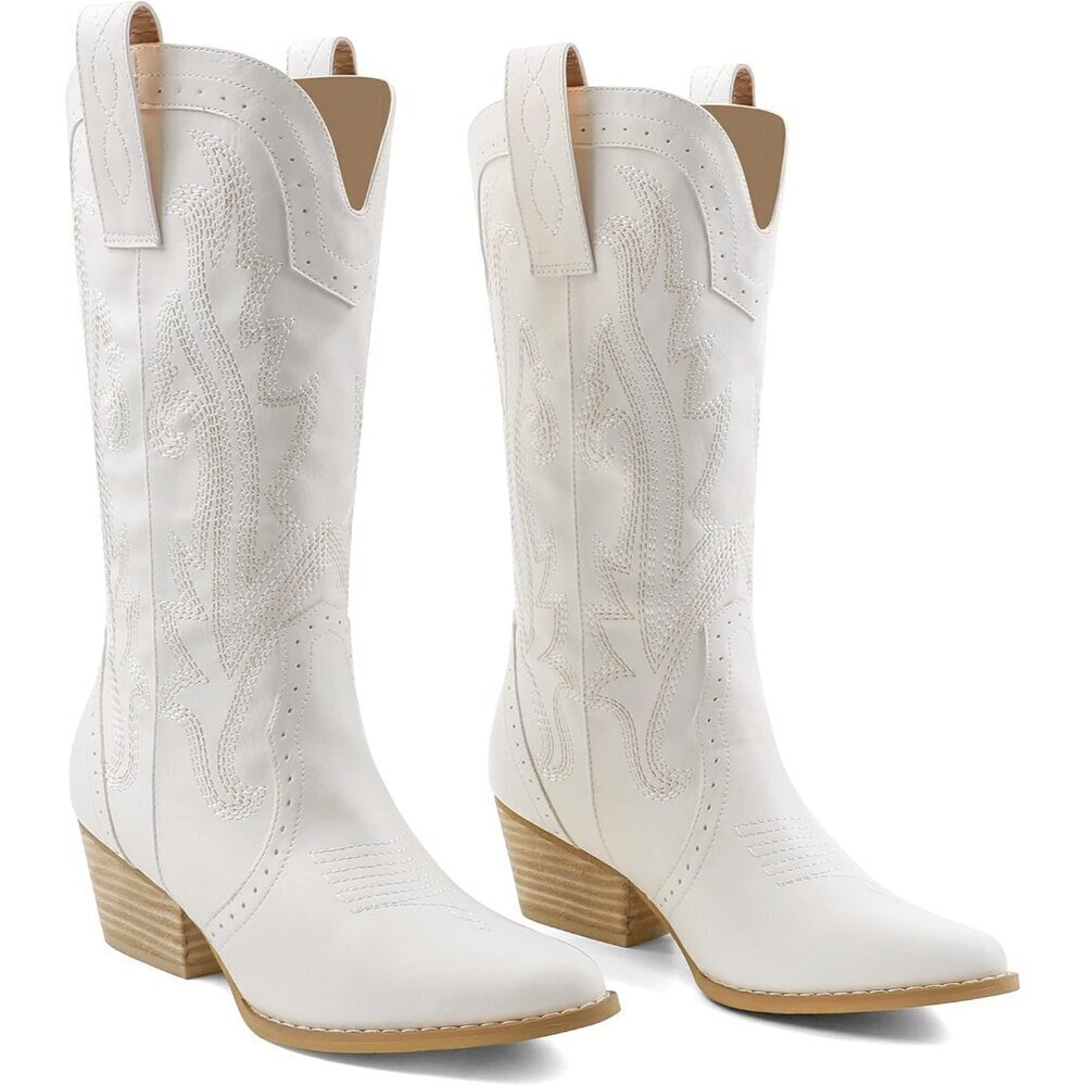 Zzheels  Cowboy Boots Women White Synthetic  Mid-calf Embroidered Western Boots
